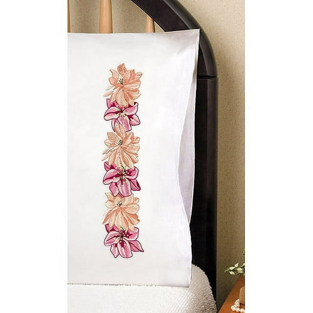 Stamped Pillowcase Pair For Embroidery 20"X30"-Pink Floral, Pk 1, Tobin