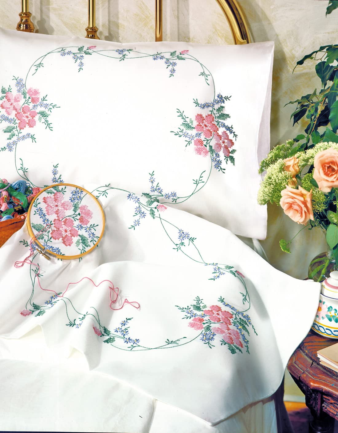 Wild Rose Embroidered Standard/Queen Cotton Polyester Pillowcase Pair