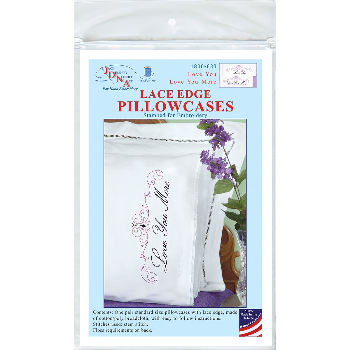 Love You More Embroidered Cotton Polyester Pillowcases with Lace Edge