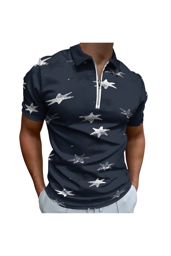 Stamped Star Men Zipper T-shirt Summer Casual Short Sleeve T-shirt Top