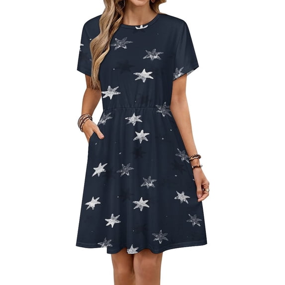 Stamped Star Short Sleeve Dress Women Summer Evening Dresses Ladies Sundress