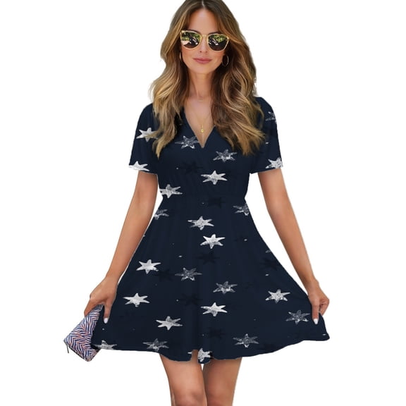 Stamped Star Women Dress V-Neck Short Sleeve Flowy Swing Party Midi Dress