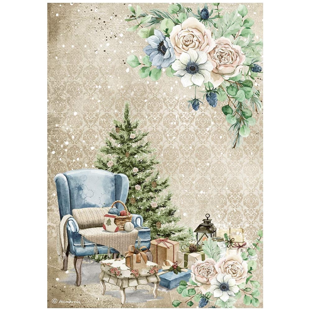 Stamperia A4 Rice Paper – Winter Tales Castle Design (1 Sheet), Blue, For Decoupage, Scrapbooking & Crafts