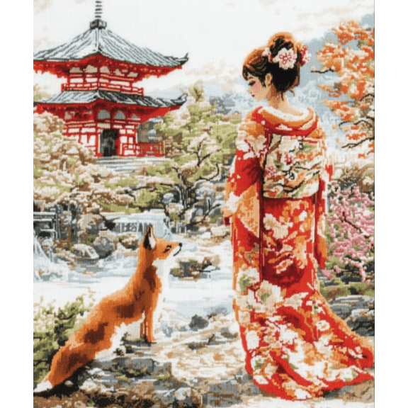 Stamping Cross Stitch Kit Lady in Kimono Cross Stitch Kit for Adult Beginners, Full Line DIY Cross Stitch Stitching Kit for Home Decor Cross Stitch Patterns 16x20 inches