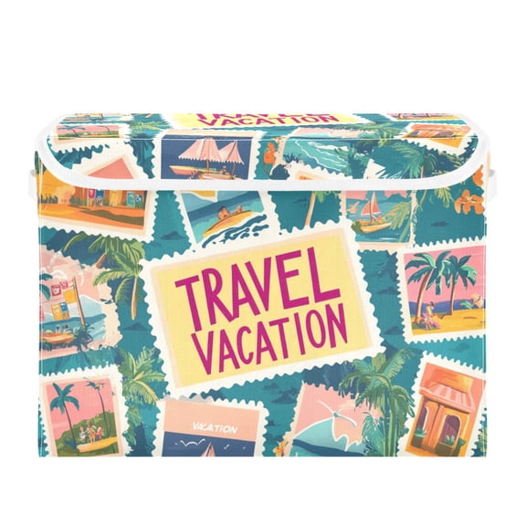 Stamps About Vacation Cartoon Foldable Storage Bin with Lid and Handle Collapsible Storage Box 16.5 x 12.6 x 11.8 inches