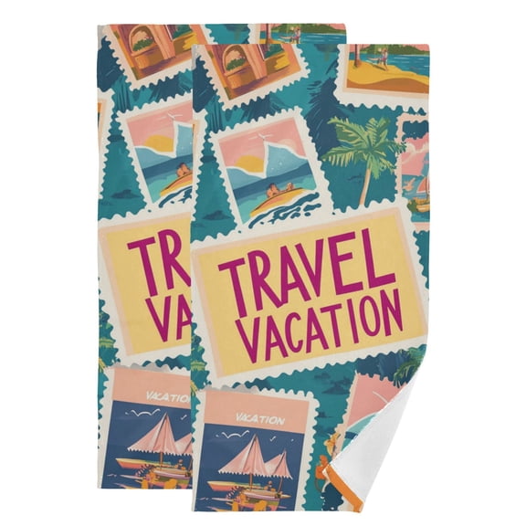 Stamps About Vacation Cartoon Hand Towel Absorbent Bath Towels for Bathroom Sports Gym 28" x 14" Set of 2