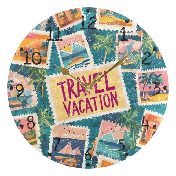 Stamps About Vacation Cartoon Round Wall Clock Silent Analog Battery Operated Gold Pointer Home Decor 9.84" Diameter