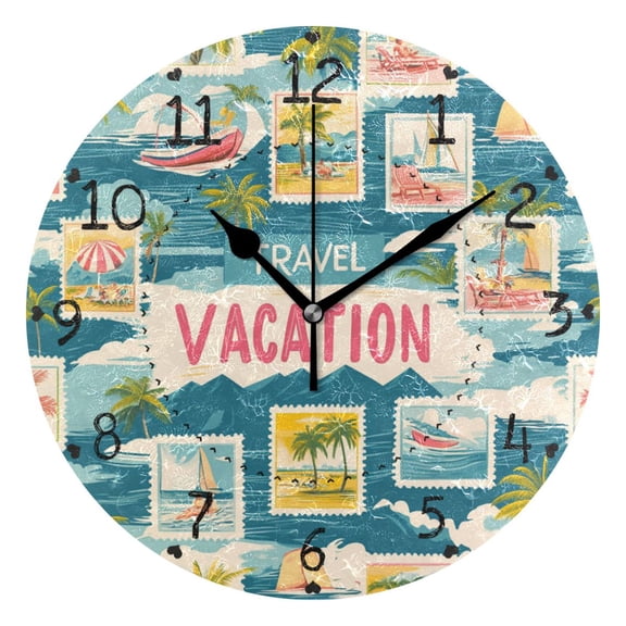 Stamps Coconut Trees Waves Round Wall Clock Silent Analog Battery Operated Black Pointer Home Decor 9.84" Diameter