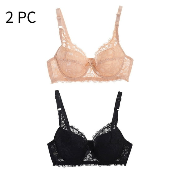 Stamzod 2 Pack Womens Bras Hollow Out Unlined Lace Bras No Underwire Push Up Bra Seamless Plus Size Bra Wireless Bras with Support and Lift Khaki D L
