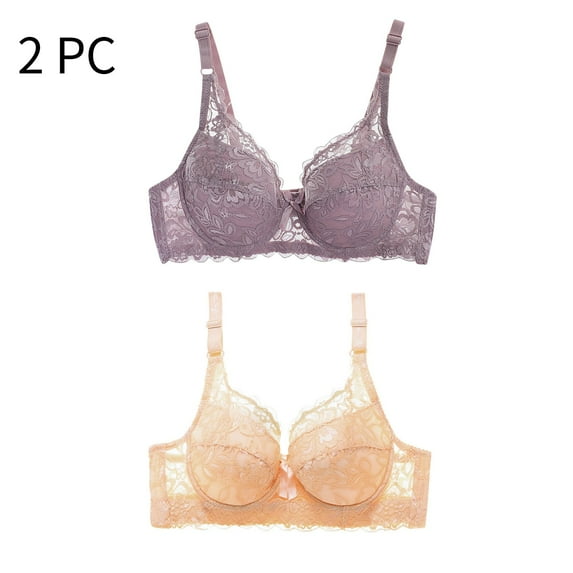 Stamzod 2 Pack Womens Bras Hollow Out Unlined Lace Bras No Underwire Push Up Bra Seamless Plus Size Bra Wireless Bras with Support and Lift Purple D XXL