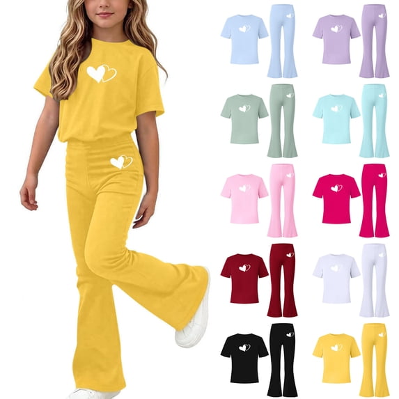 Stamzod 2 Piece Girls Outfits Short Sleeve T-Shirt Top + Flared Pants Girls' Clothing Sets Sizes 5-15 Years Light Blue C 9-10Years