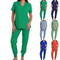 thumbnail image 1 of Stamzod 2 Piece Scrub Sets for Woman Solid Color V Neck Short Sleeve Work Top and Joggers Pants Casual Nurse Uniforms Women Set Blue C M, 1 of 2