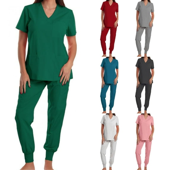 Stamzod 2 Piece Scrubs for Women Set Solid Color V Neck Short Sleeve Pullover Tops and Jogger Pants Casual Comfy Nursing Scrubs Sets for Women Blue L