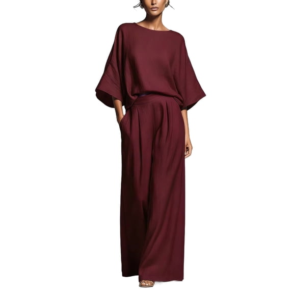 Stamzod 2 Piece Sets for Women Elegant formal Matching Sets Business Casual Tops Wide Leg Pants Summer Travel Vacation Outfits Wine M