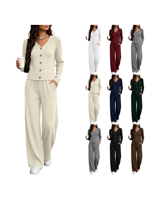 2 Piece Sets for Women V Neck Long Sleeve Corduroy Matching Set Casual Airport Travel Outfit Women Fall Clothes