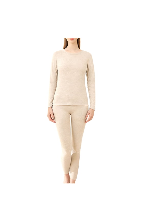 2 Piece Thermal Sets for Women Solid Color Long Sleeve Shirt Slim Fit Long Johns Winter Oversized Long Underwear Women Thermals Khaki H M