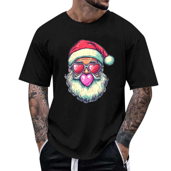Stamzod 2025 Trendy Fashion Christmas Shirts Santa Short Sleeve Tshirt Xmas Graphic Tees Men Holiday Pullover Tops Black C XXL