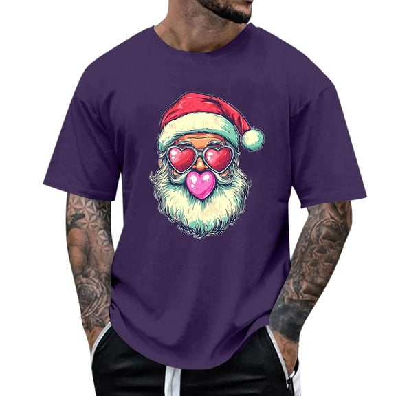 Stamzod 2025 Trendy Fashion Christmas Shirts Santa Short Sleeve Tshirt Xmas Graphic Tees Men Holiday Pullover Tops Purple C M