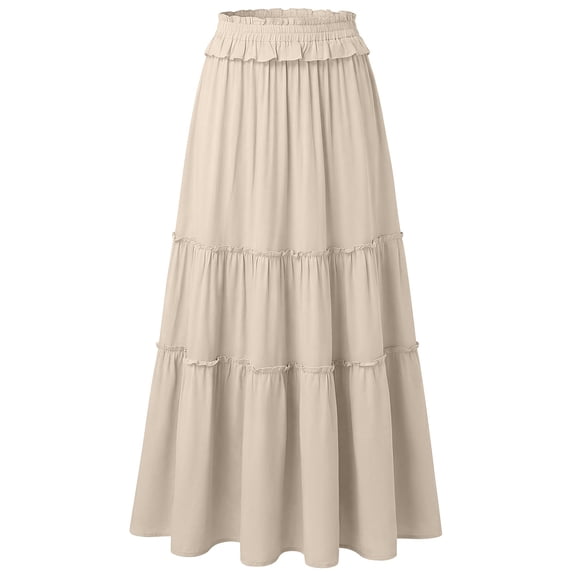 Stamzod 2026 Spring Summer Elastic Waisted Ruffle Long Skirt Flowy Tiered A-Line Maxi Skirts for Women Beige XXL