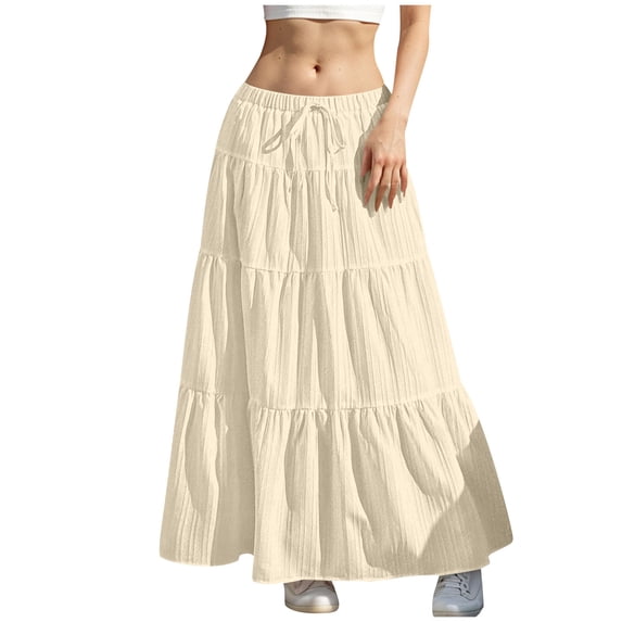 Stamzod 2026 Spring Summer Elastic Waisted Ruffle Long Skirt Flowy Tiered A-Line Maxi Skirts for Women Beige XXL