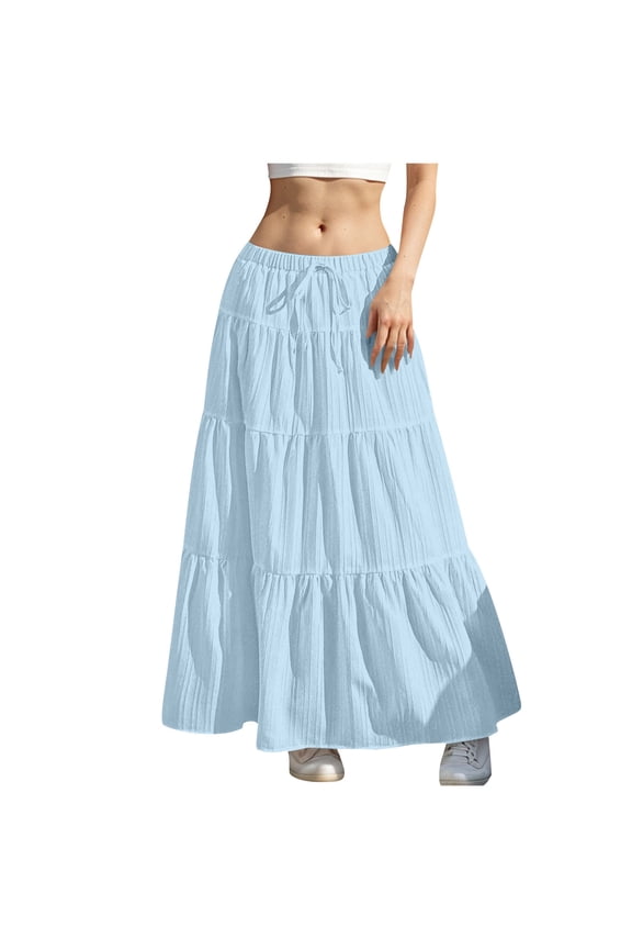 2026 Spring Summer Elastic Waisted Ruffle Long Skirt Flowy Tiered A-Line Maxi Skirts for Women Light Blue XXL