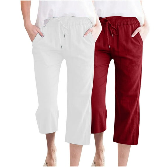 Stamzod 2PC Cotton and Linen Capris for Seniors Summer Solid Color Elastic Waist Drawstring Capris Casual Loose Straight Capri Pants for Women with Pocket Wine F XXL