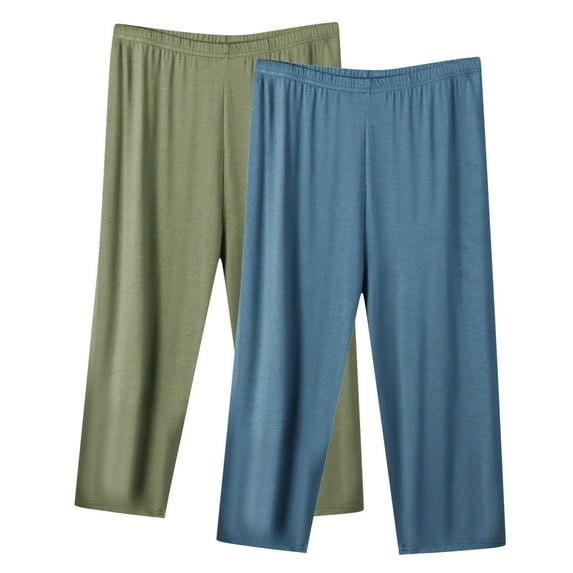Stamzod 2Pc Plus Size Capris for Women Summer Solid Color Elastic Waist Capri Pants Casual Activewear Comfy Loose Cropped Pants for Women on Clearance Navy XXXL