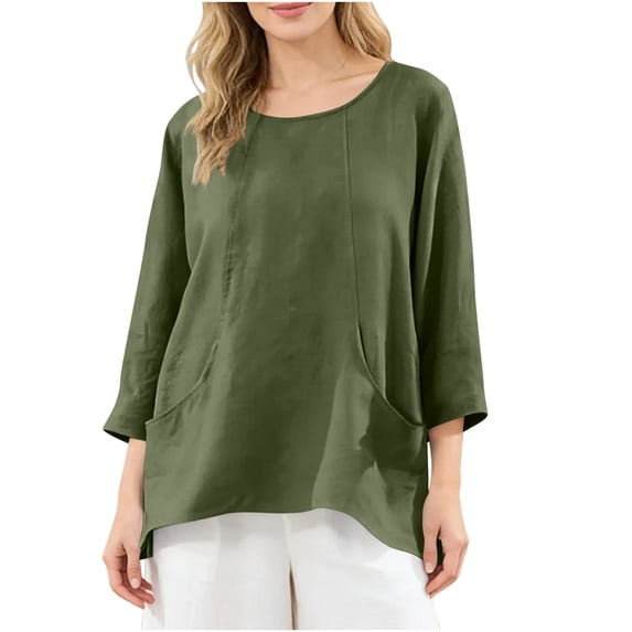 Stamzod 3/4 Length Sleeve Womens Tops Dressy Casual Work Shirts Beach Vacation Flowy Blouses with Pocket Green B S
