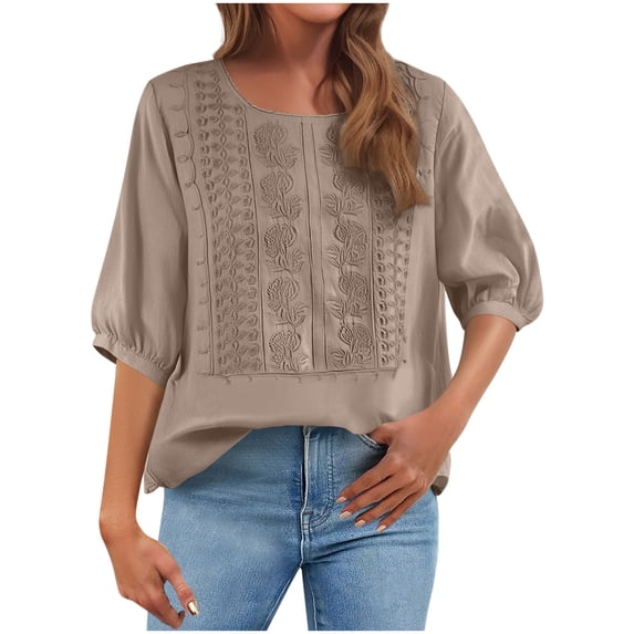 Stamzod 3/4 Length Sleeve Womens Tops Embroidery Spring Blouse Summer Outfits Beach Vacation Clothes Brown XXXL