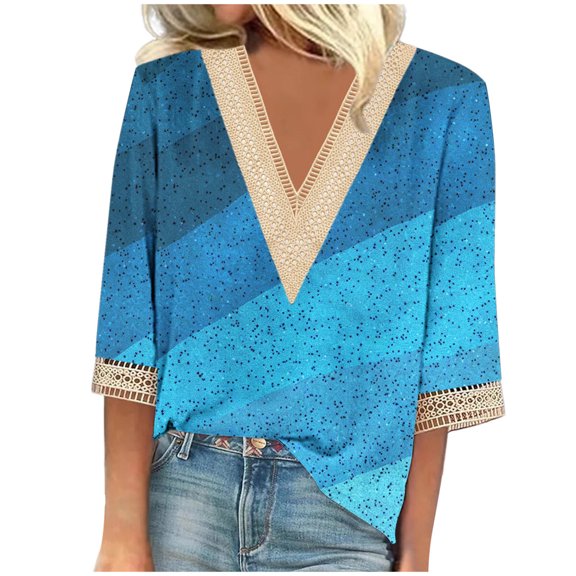 Stamzod 3/4 Length Sleeve Womens Tops Fashion Patchwork Summer V Neck Beach Vacation Top Casual Loose Plus Size Blouses for Women Blue XXL