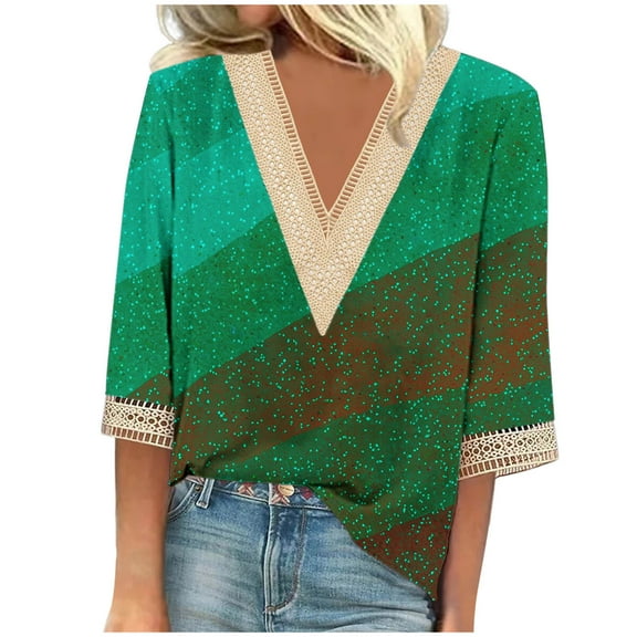 Stamzod 3/4 Length Sleeve Womens Tops Fashion Patchwork Summer V Neck Beach Vacation Top Casual Loose Plus Size Blouses for Women Green XXL