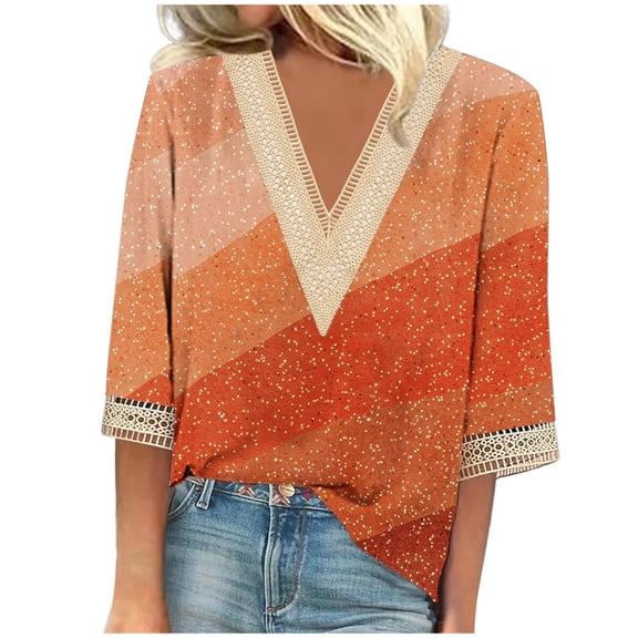Stamzod 3/4 Length Sleeve Womens Tops Fashion Patchwork Summer V Neck Beach Vacation Top Casual Loose Plus Size Blouses for Women Orange M