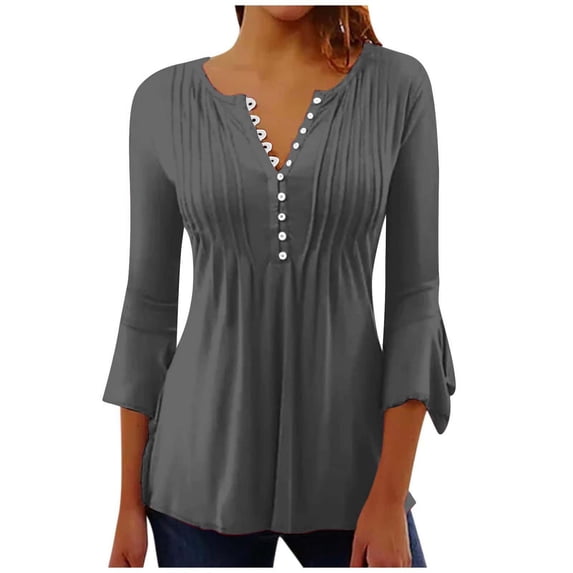 Stamzod 3/4 Length Sleeve Womens Tops Fashion Solid Color V Neck Ruched Blouses Causal Loose Fit Summer Tops for Women Dark Gray C XL