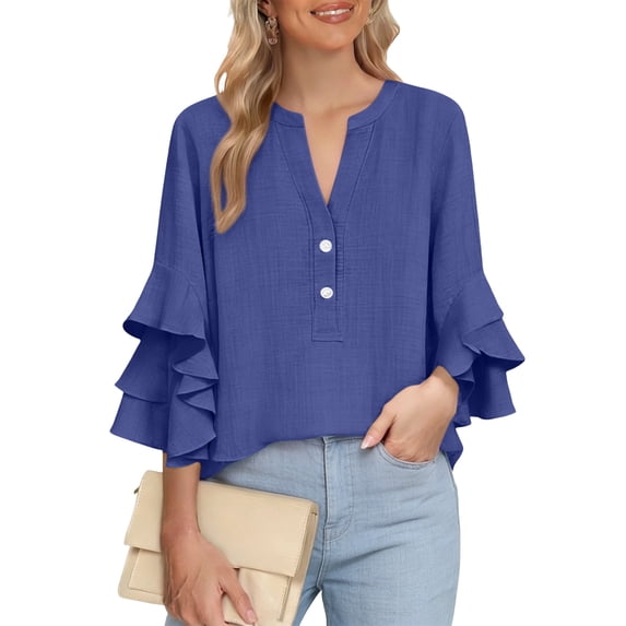 Stamzod 3/4 Length Sleeve Womens Tops V Neck Henley Shirt Dressy Casual Blouses Trendy Vacation Clothes Sky Blue XXXL