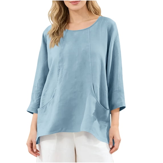 Stamzod 3/4 Length Sleeve Womens Tunic Tops Flowy Loose Fit Blouses Dressy Casual Crew Neck Shirts Summer Outfits Light Blue M