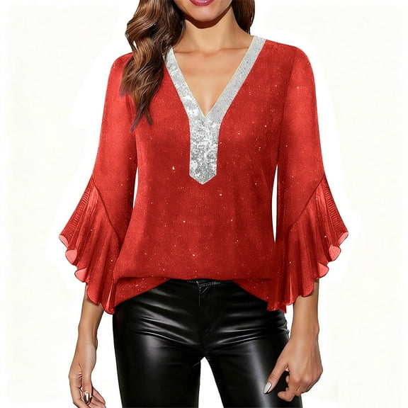 Stamzod 3/4 Sleeve Tops for Women Solid Color Sparkly Wedding Party Elegant Blouse Fall Fashion Ruffle Shirts for Women Red-4 S