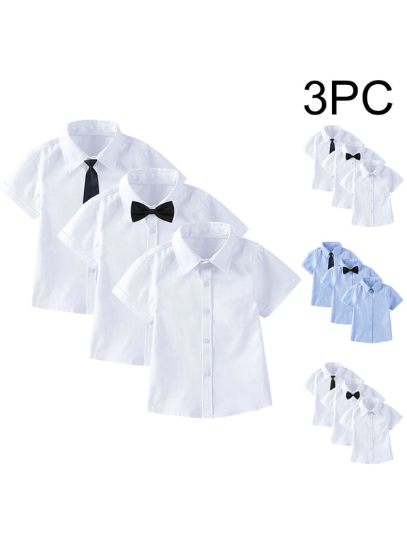 3 Pack Kids Girls Boys Uniform Shirts Collared Short Sleeve Button Down Dress Shirt with Bow Necktie Blue P 2 Years
