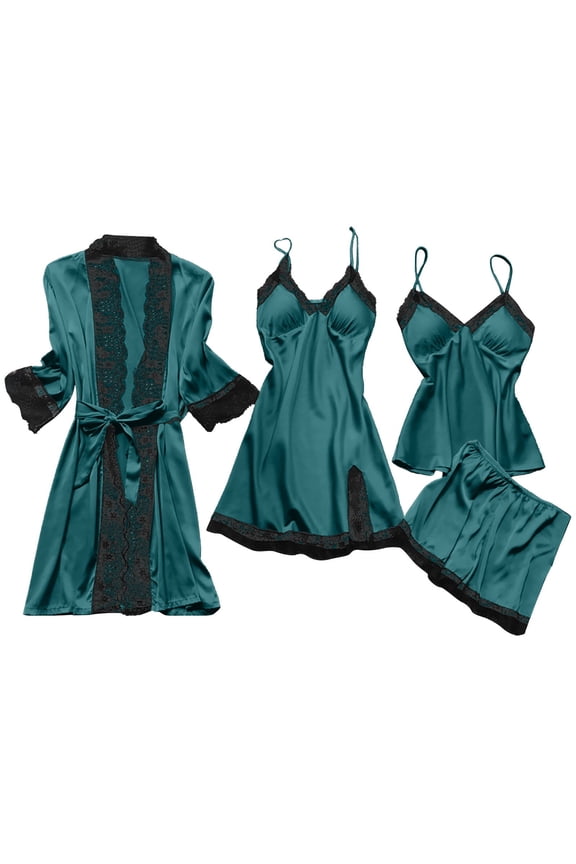 4 Piece Womens Pajama Sets Womens Lace Sleepwear Satin Solid Color Long Sleeve Night Gown Sexy Suspenders Shorts Ventilate Fashion Women Homewear