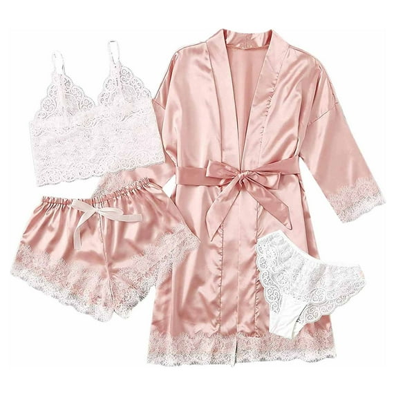 Stamzod 4 Piece Womens Pajama Sets Womens Sleepwear Satin Long Sleeve Solid Color Tops Shorts Sexy Lace Suspenders Shorts Drawstring Ventilate Fashion Women Homewear
