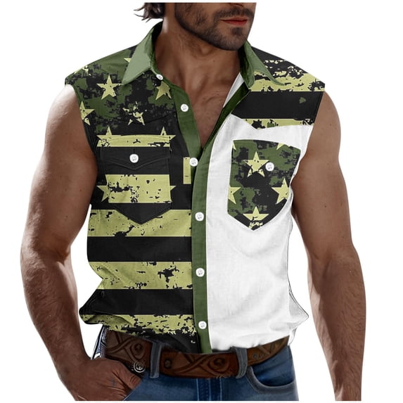 Stamzod July 4Th Men's Clothing Summer Casual Oversized Sleeveless Button Down Shirts Fashion American Flag Camouflage Printed Shirt with Pocket Green L
