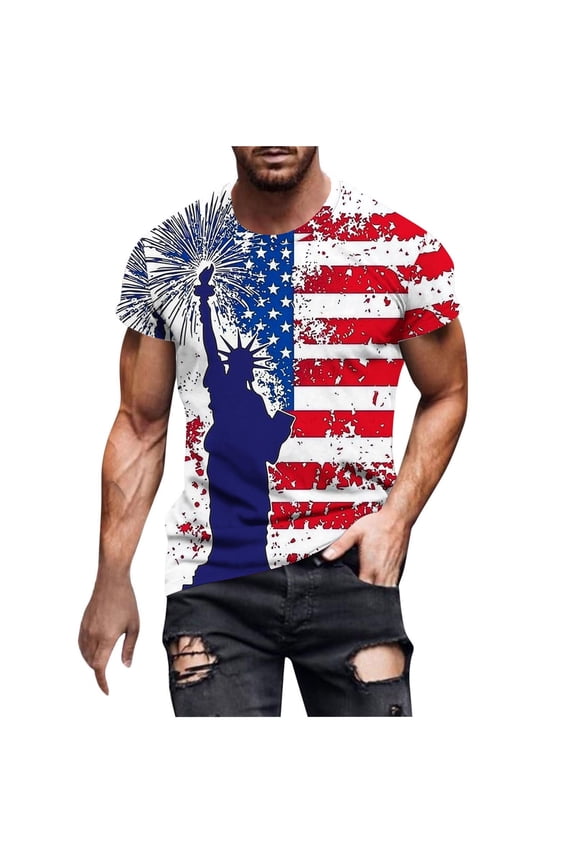 Men's Clothing Usa Flag 4Th Round Neck Pullover Shirts American Red White Blue Star Stripes Patriotic Shirts Summer Oversized Casual Short Sleeve Street Tshirts Blue B XXL