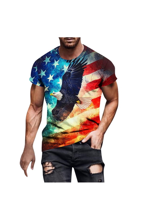 4Th of July Tee Shirts Mens Summer Short Sleeve American Flag Graphic Tee Tops Casual Gym Workout Oversized T Shirt Light Blue E L