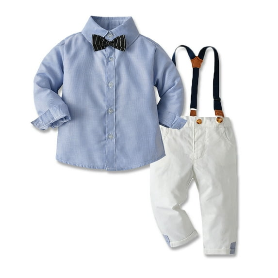 Stamzod 6M-6Y Toddler Baby Boy Suit Sets Gentleman Clothes Suit Light Blue Short Sleeve Button Shirt with Bow Tie Suspender Pants Two-Piece Set Christmas Gifts