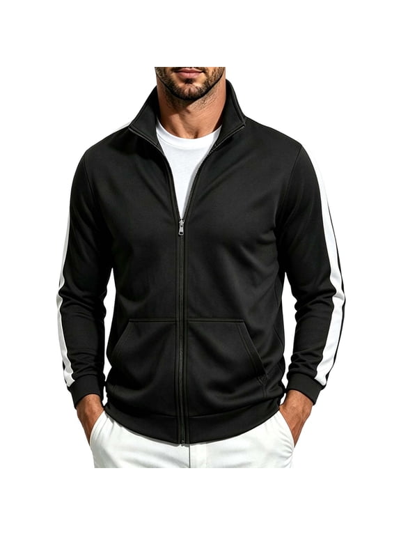 Athletic Jackets for Men Stand Collar Long Sleeve Zip Up Jacket Casual Running Workout Sweatshirt Black E L