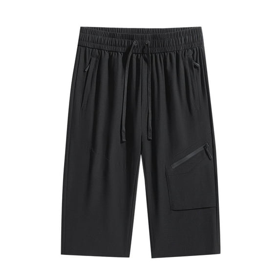 Stamzod Athletic Pants for Men with Pockets Summer Solid Color Elastic Waist Capri Pants Plus Size Casual Below Knee Length Sweatpants for Workout Running Training Black XL