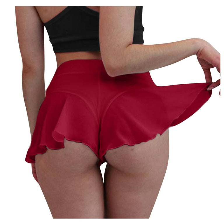 Stamzod Athletic Shorts For Women Sexy Mesh Perspective Shorts Ruffle High  Waist Ruffled Hot Pants Red XXL