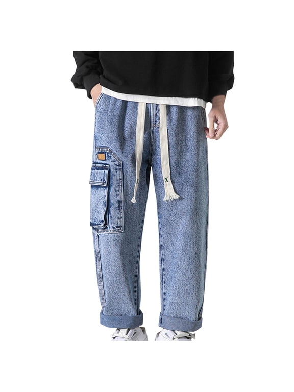 Baggy Jeans Men Drawstring Waist Vintage Wash Hip Hop Denim Work Pants Jeans Casual Multi Pockets Plus Size Cargo for Men