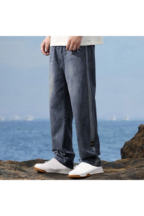 Baggy Jeans for Men Vintage Washed Patchwork Wide Leg Denim Pants Loose Fit Comfy Mens Jeans with Pockets Plus Size
