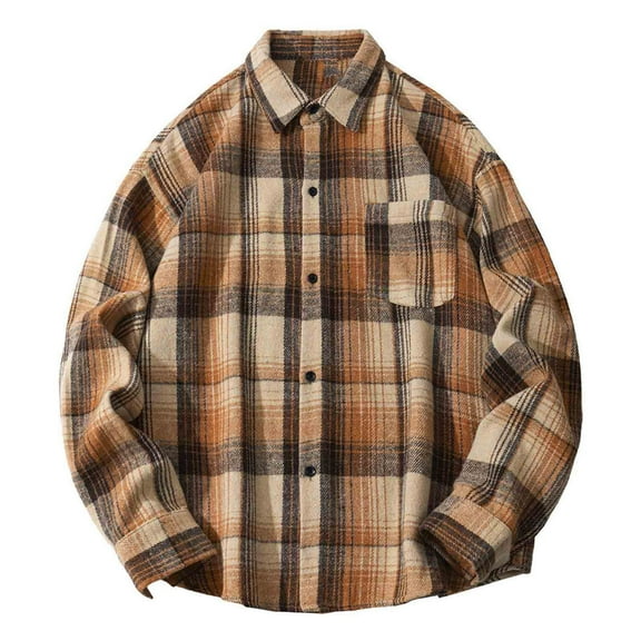 Stamzod Baggy Shirts for Men Fashion Plaid Printed Work Long Sleeve Shirt Casual Button Up Shirt for Men Coffee-4 M