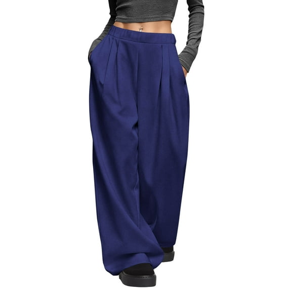 Stamzod Baggy Sweatpants for Women Solid Color Casual Baggy Pants with Pockets Workout Palazzo Pants for Women Blue S